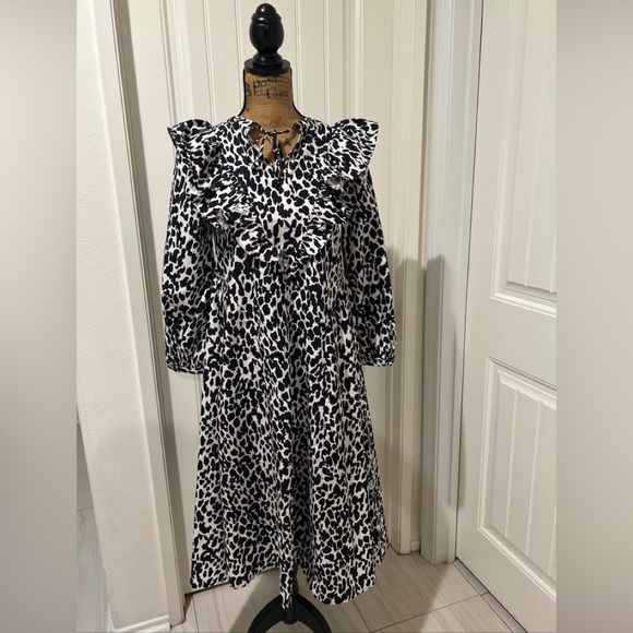 Sandy Liang Leopard Print Long Ruffle Sleeve Midi pocket Dress Size XXS - Picture 2 of 6
